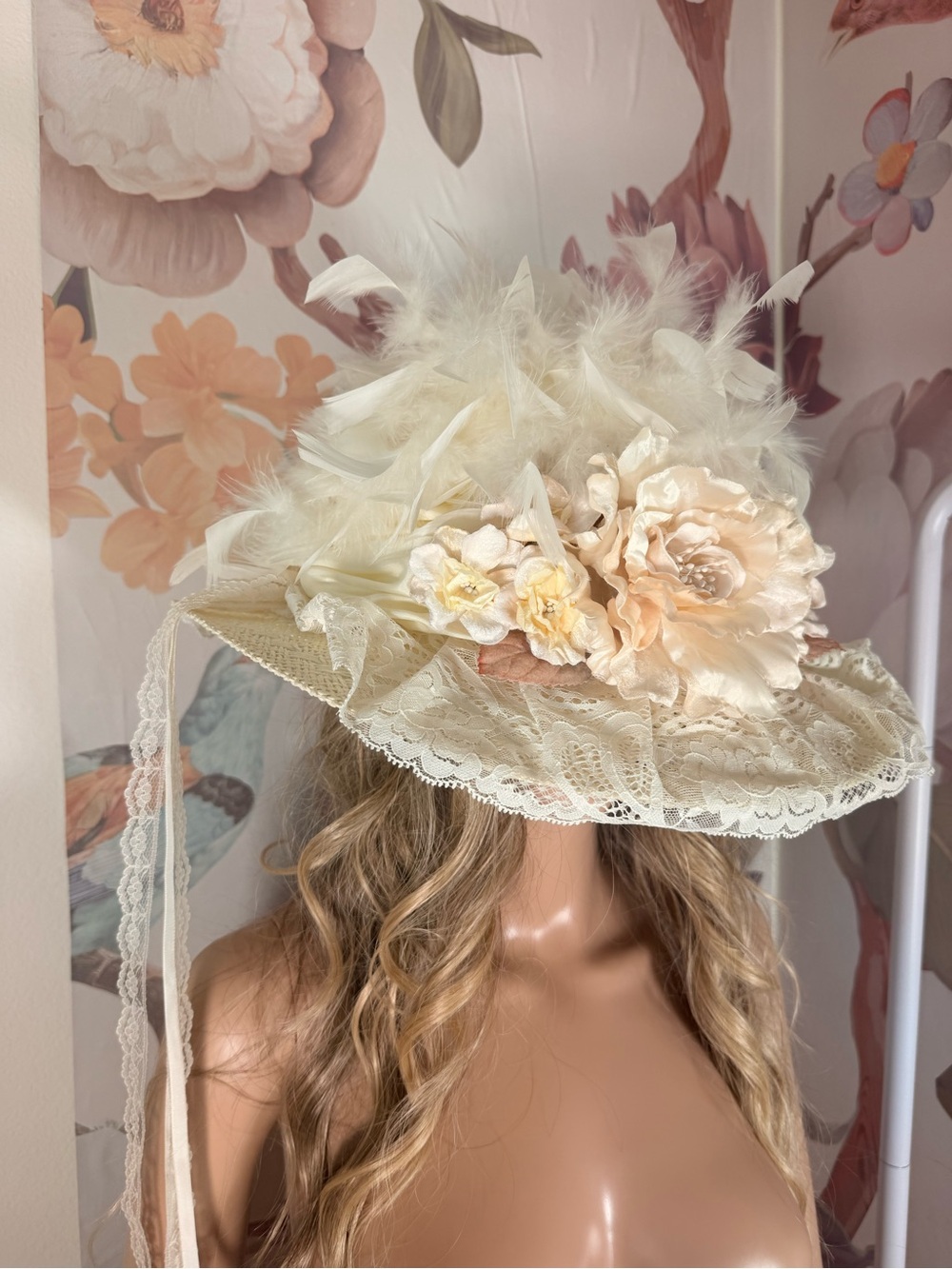 Elegant Elsie Massey Ivory Lace Floral Wide-Brim Hat - Women Accessories